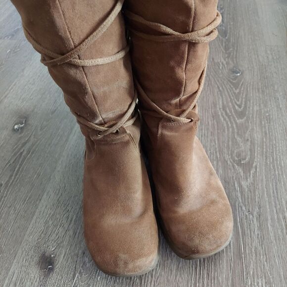 Vtg SKECHERS Tan Suede Leather Slouch Boot Mid Calf Tie Wrap Winter - Size 7 - Picture 4 of 7